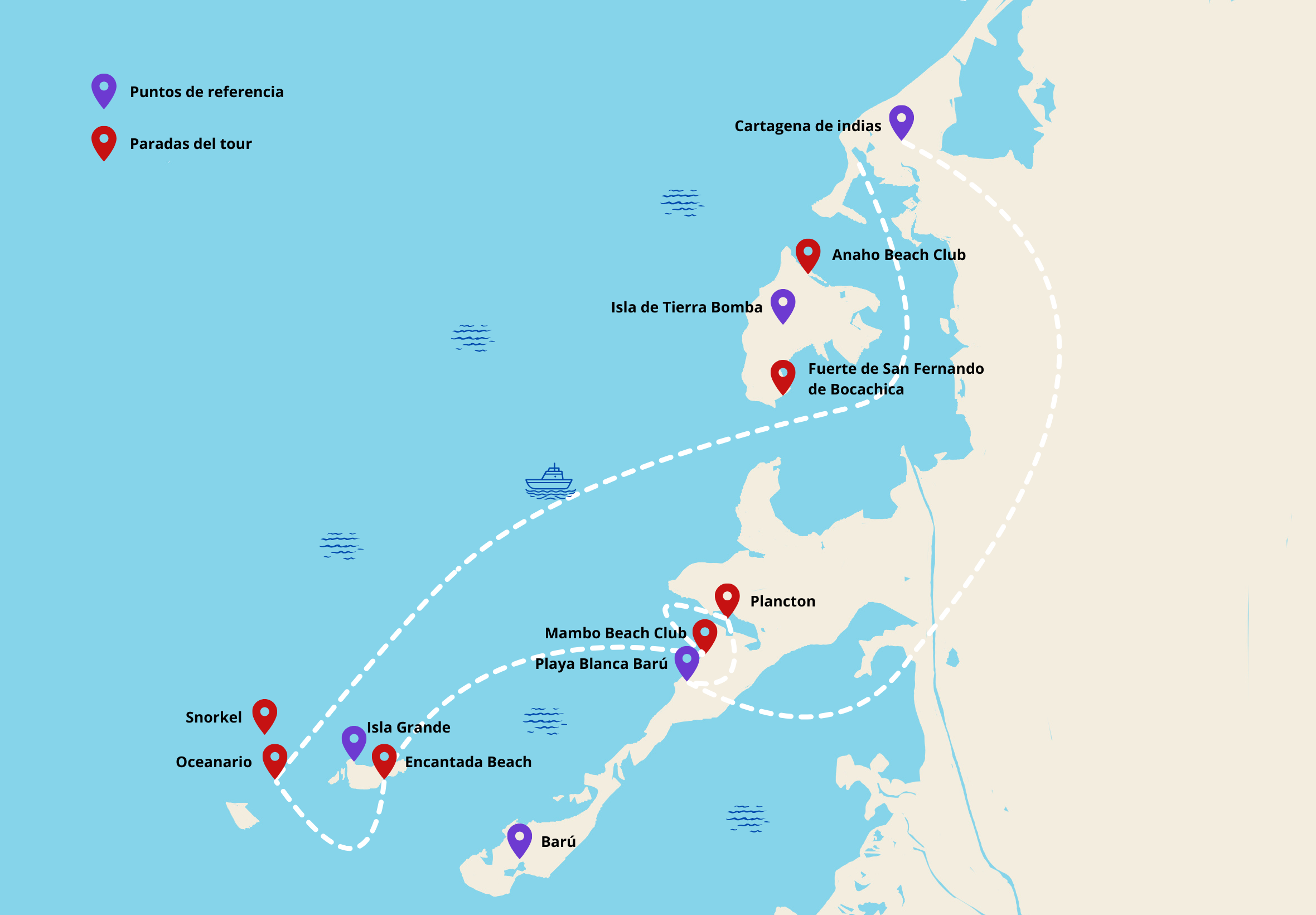 Mapa de la excursión a Islas del Rosario desde Cartagena mostrando Isla Grande, Playa Blanca y Tierra Bomba