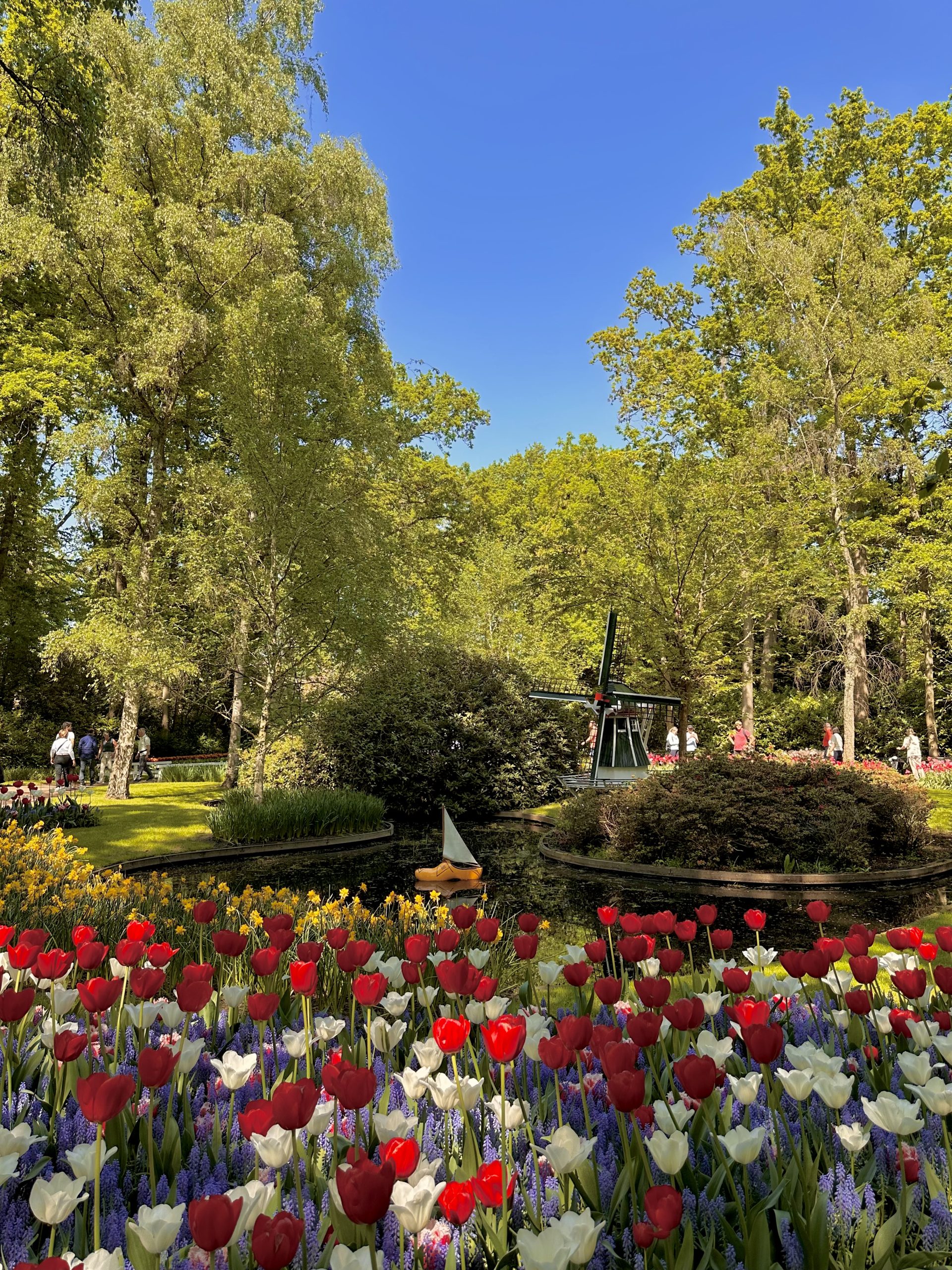 Lago con barca y molino tradicional rodeado de tulipanes en Keukenhof durante la primavera