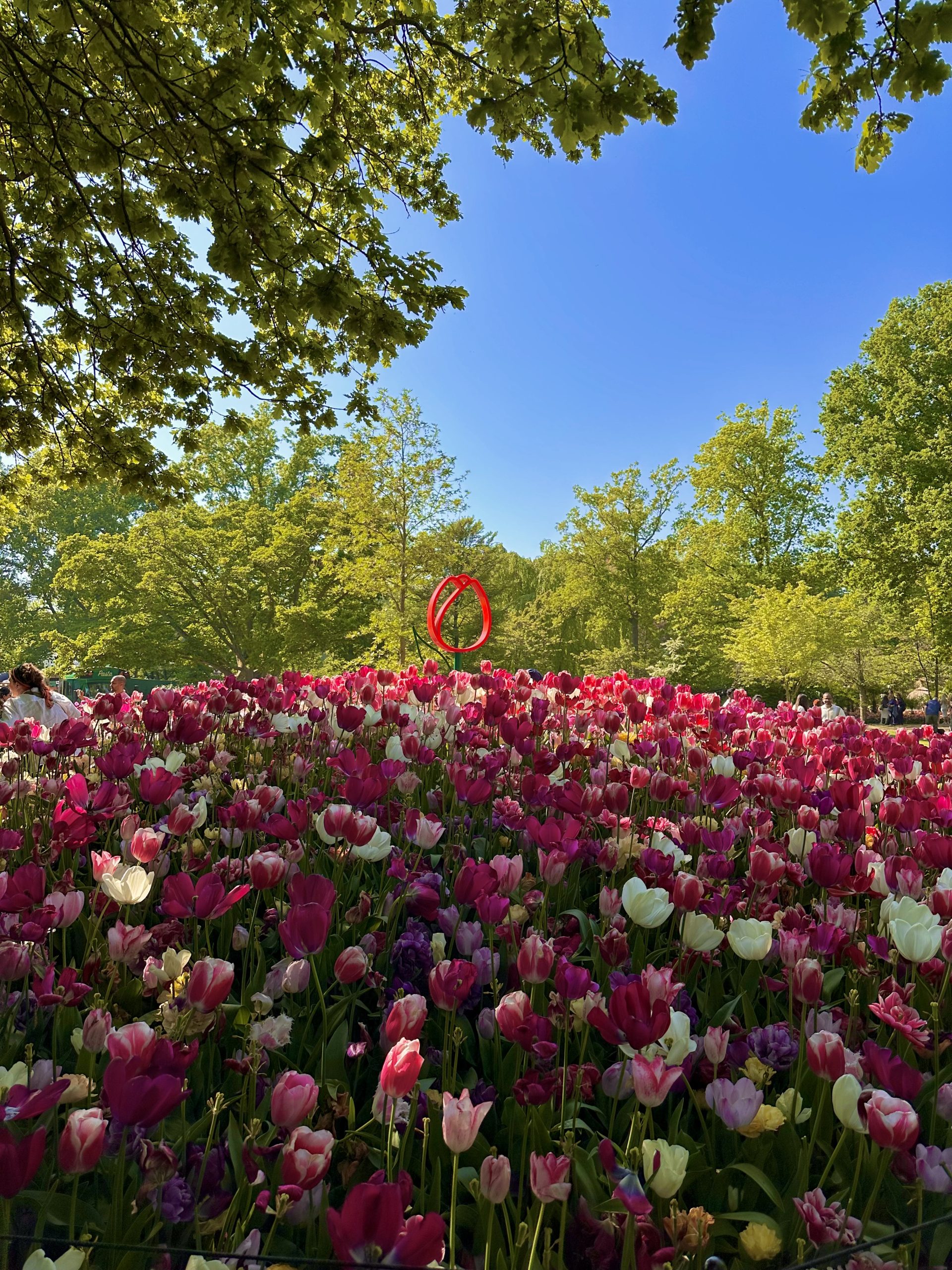 Tulipanes rosas, lilas y blancos formando una colina floral en Keukenhof con escultura en forma de tulipán en primavera