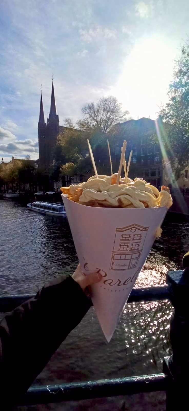 Cono de patatas fritas con salsa en un puesto callejero de Ámsterdam